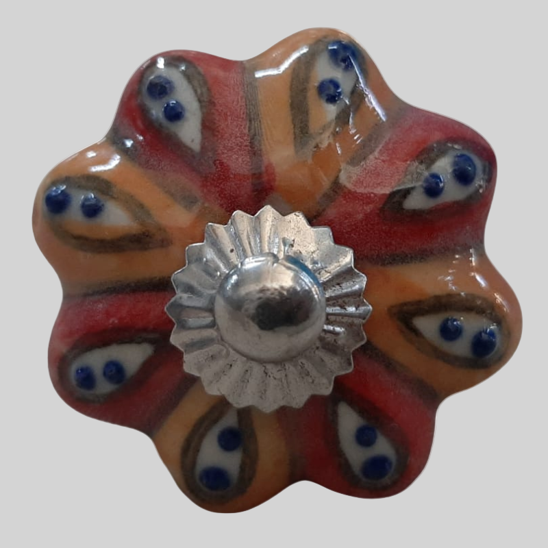 Ceramic Knob Floral Shape Orange and Red