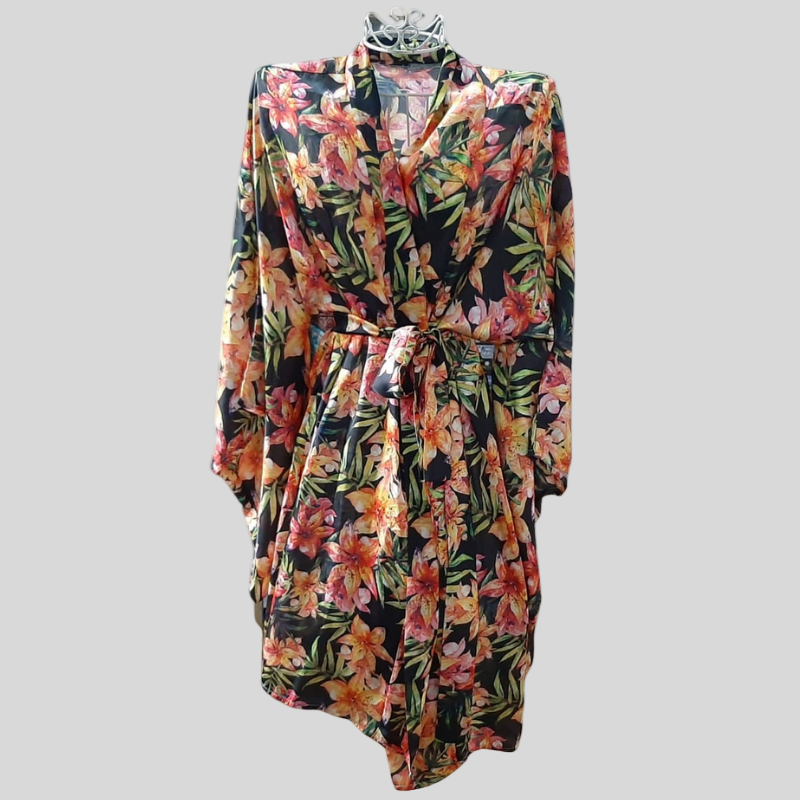 Roze Collection - Short Floral Kimono Orange Flowers