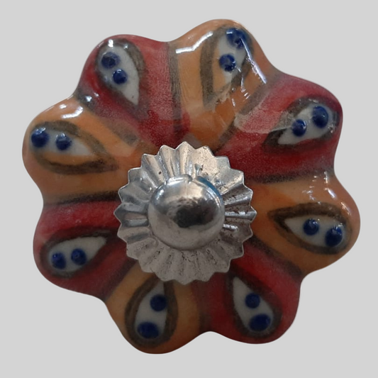 Ceramic Knob Floral Shape Orange and Red