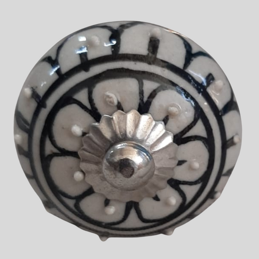 Ceramic Knob Fine Floral Black and White