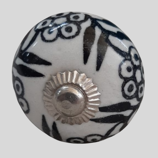 Ceramic Knob Floral Black and White